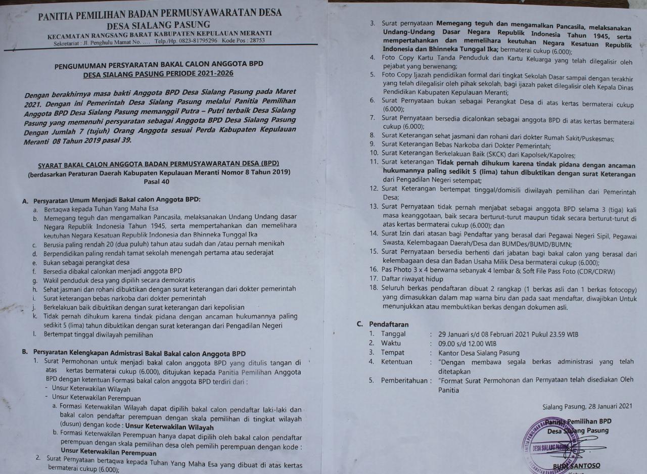 Panitia Pemilihan BPD Buka Pendaftaran Calon Anggota BPD Masa Bakti 2021-2026